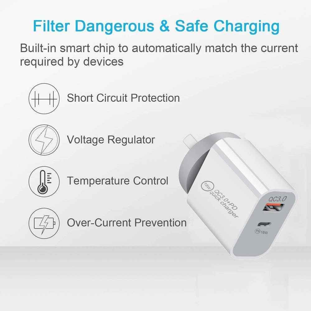 18W PD QC3.0 USB wall fast charger plug adapter iPhone android mobile phone