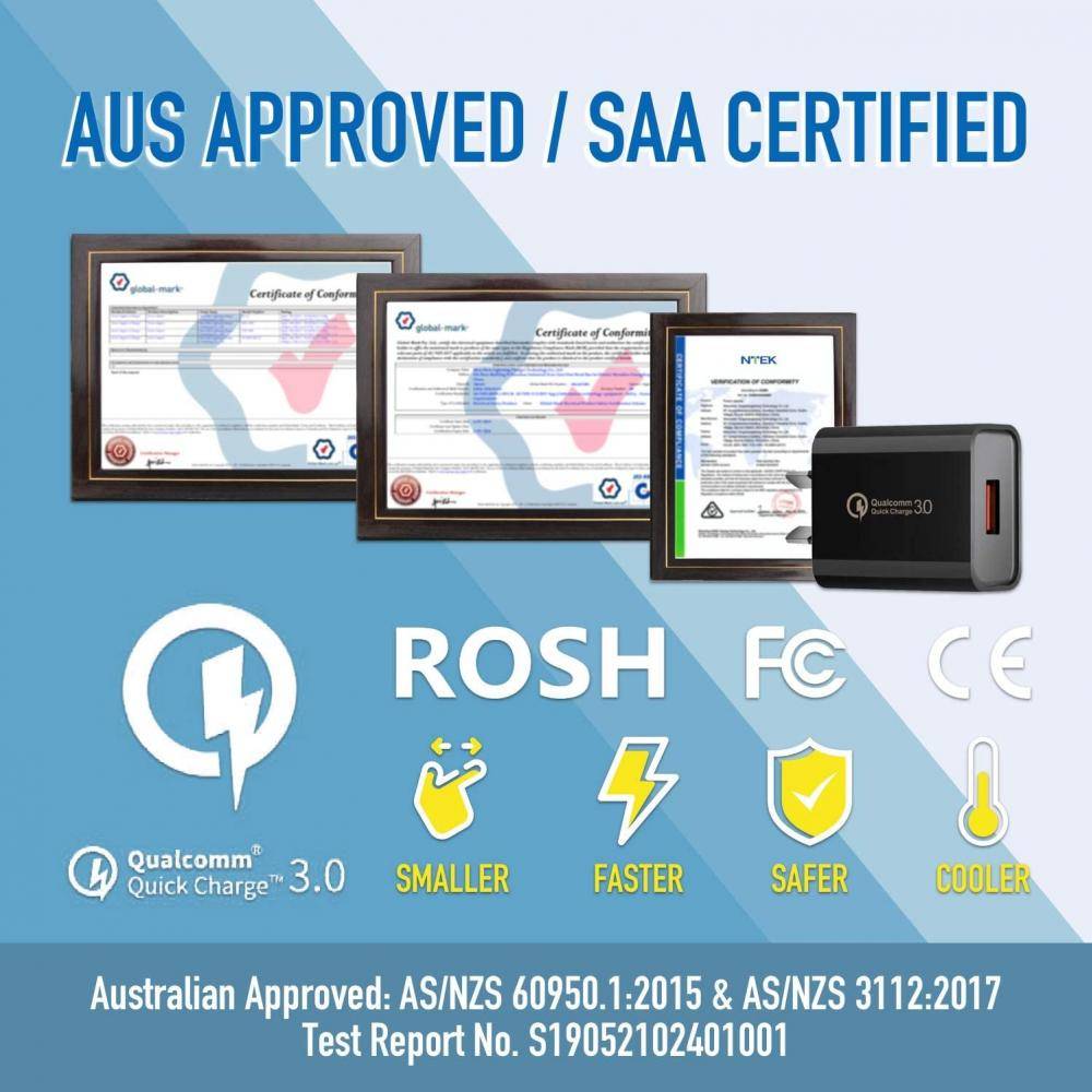 18W QC3.0 USB wall fast charger plug adapter NZ Certification