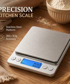 3000g kitchen scale lifestyle scene on wooden counter with flour bowl, showing stainless steel platform and 0.1g accuracy