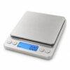 3000g kitchen scale - main product photo showing blue backlit LCD display, four function buttons and stainless steel weighing platform