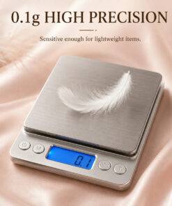3000g kitchen scale lifestyle scene with feather on platform demonstrating 0.1g high precision for lightweight items