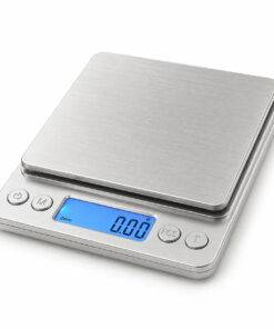 3000g kitchen scale - main product photo showing blue backlit LCD display, four function buttons and stainless steel weighing platform