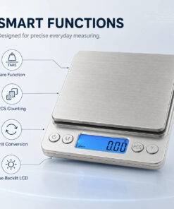 3000g kitchen scale - feature highlight of stainless steel platform and blue backlit LCD display