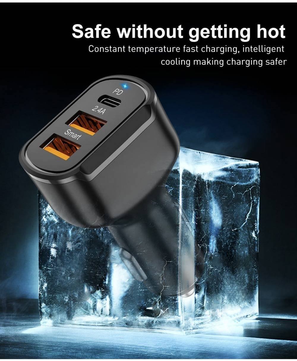30w Fast Charging 3 Port Type-C PD USB Car Charger