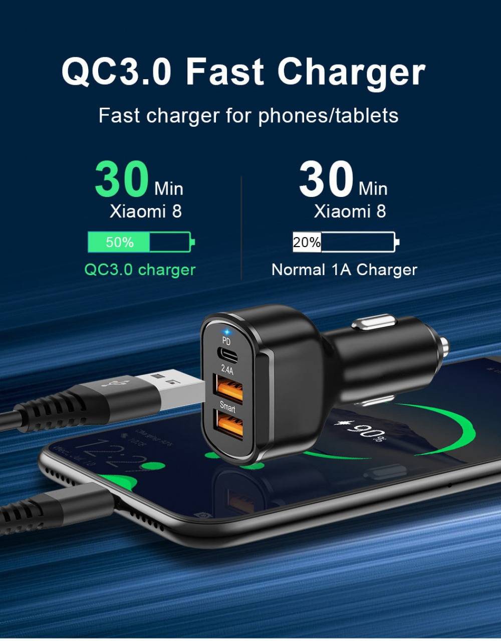 30w Fast Charging 3 Port Type-C PD USB Car Charger
