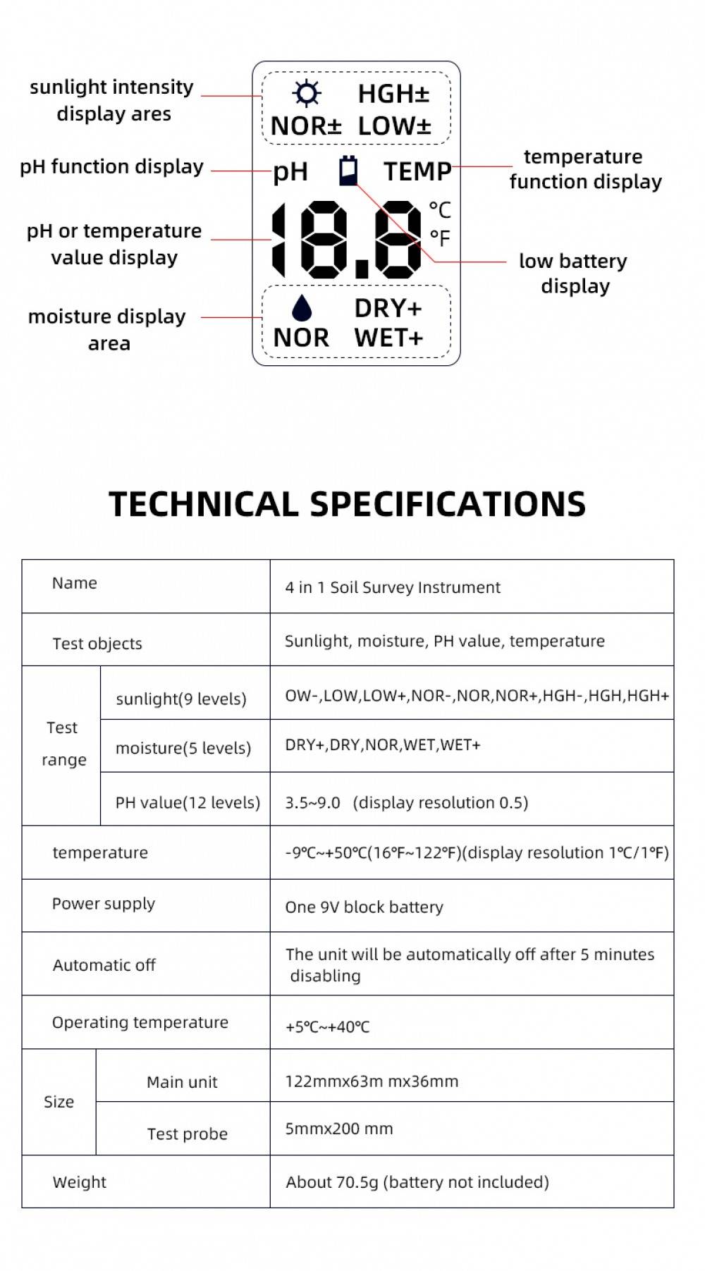4-in-1 Soil PH Moisture Temperature Sunlight Humidity Meter