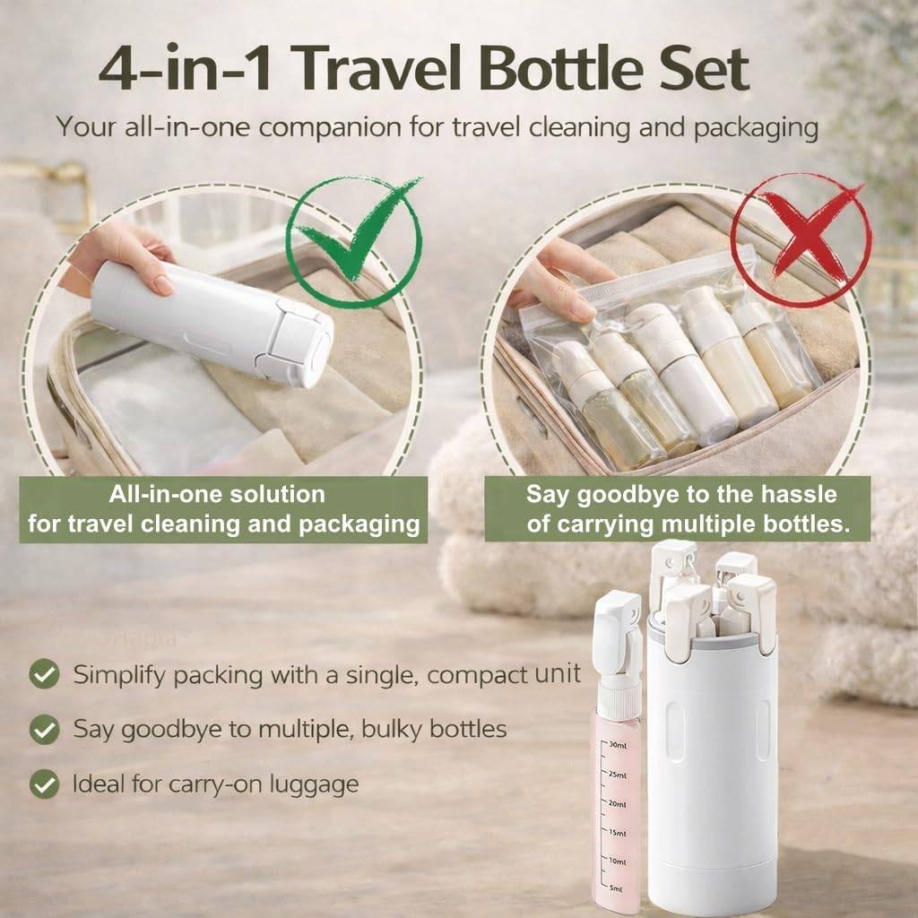 4-in-1 Travel Bottles for Toiletries - filled with toiletries