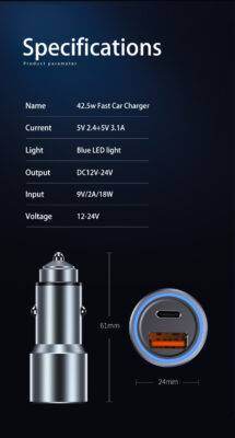 42.5w Ultra-Fast USB-C QC PD Car Charger