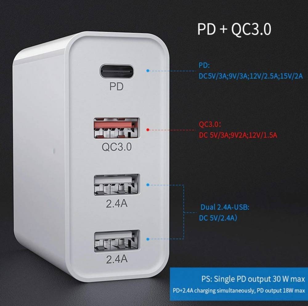 48W 4 Ports PD QC Type-C USB Wall Charger