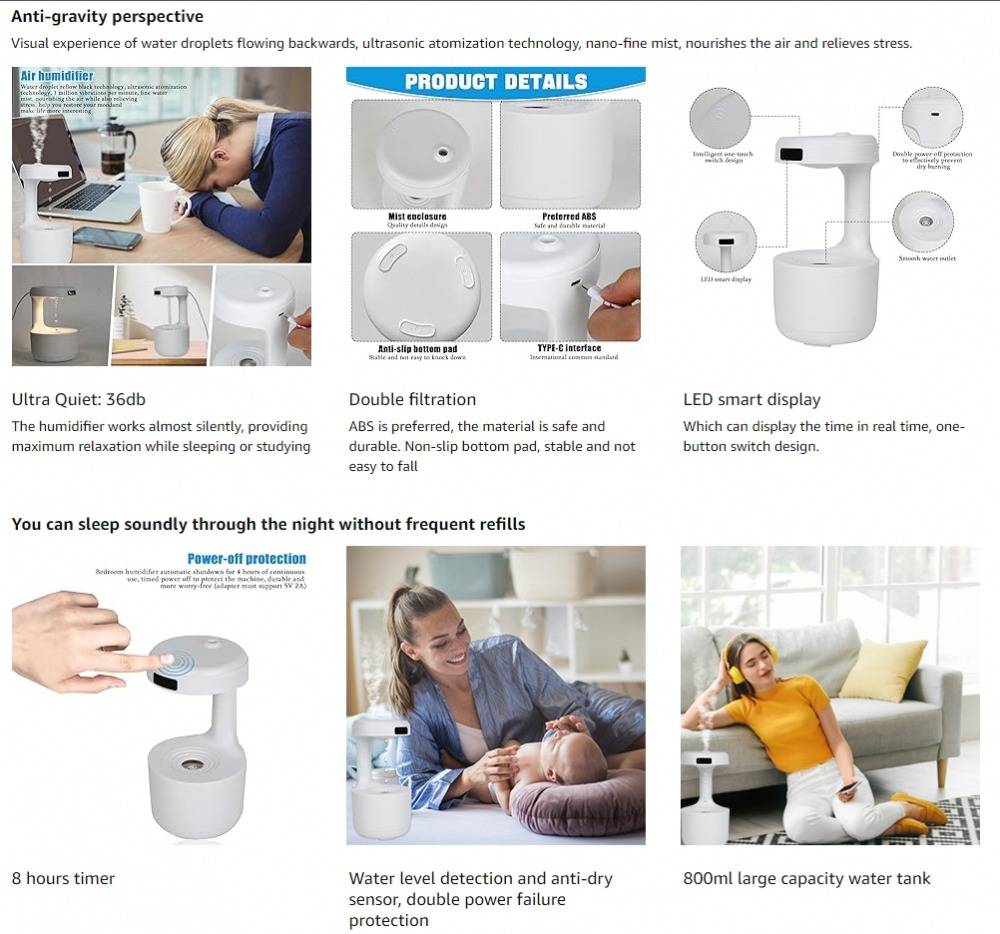 Anti-Gravity Air Humidifier Water Droplets Clock Lamp