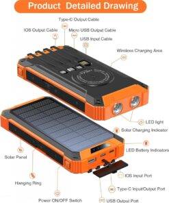 Goodaaa Solar Power Bank Wireless 36000mAh Built-in Cables