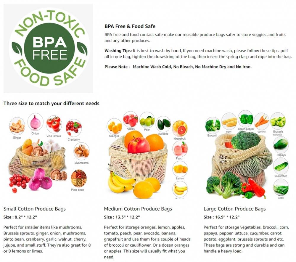 Organic Reusable Fresh Produce Cotton Food Bags