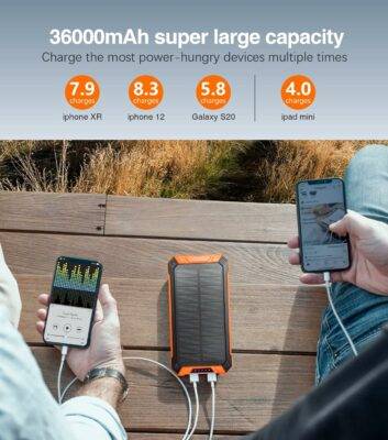 Solar Power Bank Wireless Charger 36000mAh Built-in Cables