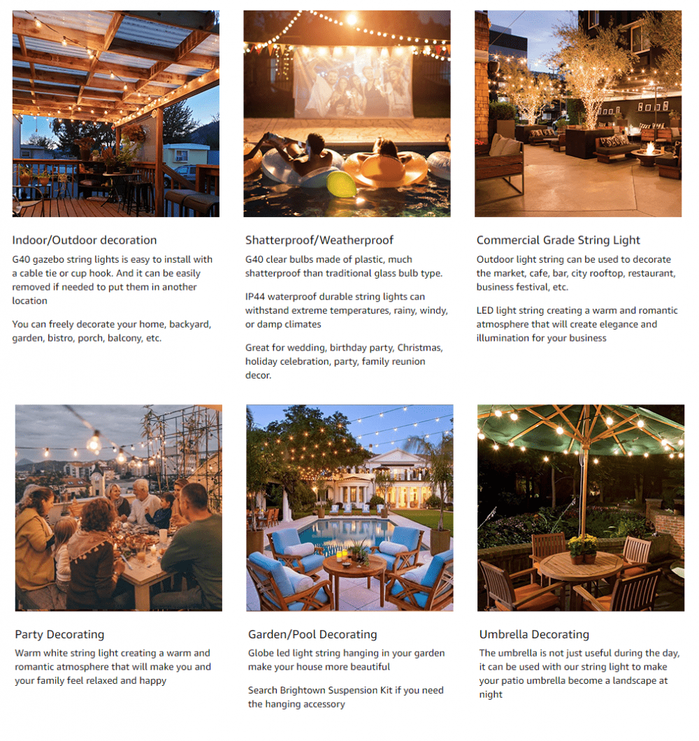 Solar String Lights Outdoor G40 Patio Lights with 25 LED Bulbs, 4 Light Modes, 7.6M