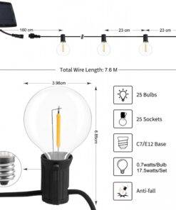 Solar String Lights Outdoor G40 Patio Lights with 25 LED Bulbs, 4 Light Modes, 7.6M