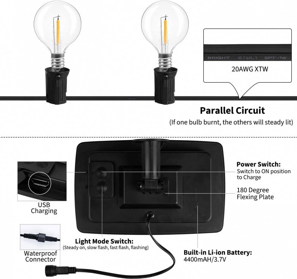 Solar String Lights Outdoor G40 Patio Lights with 25 LED Bulbs, 4 Light Modes, 7.6M