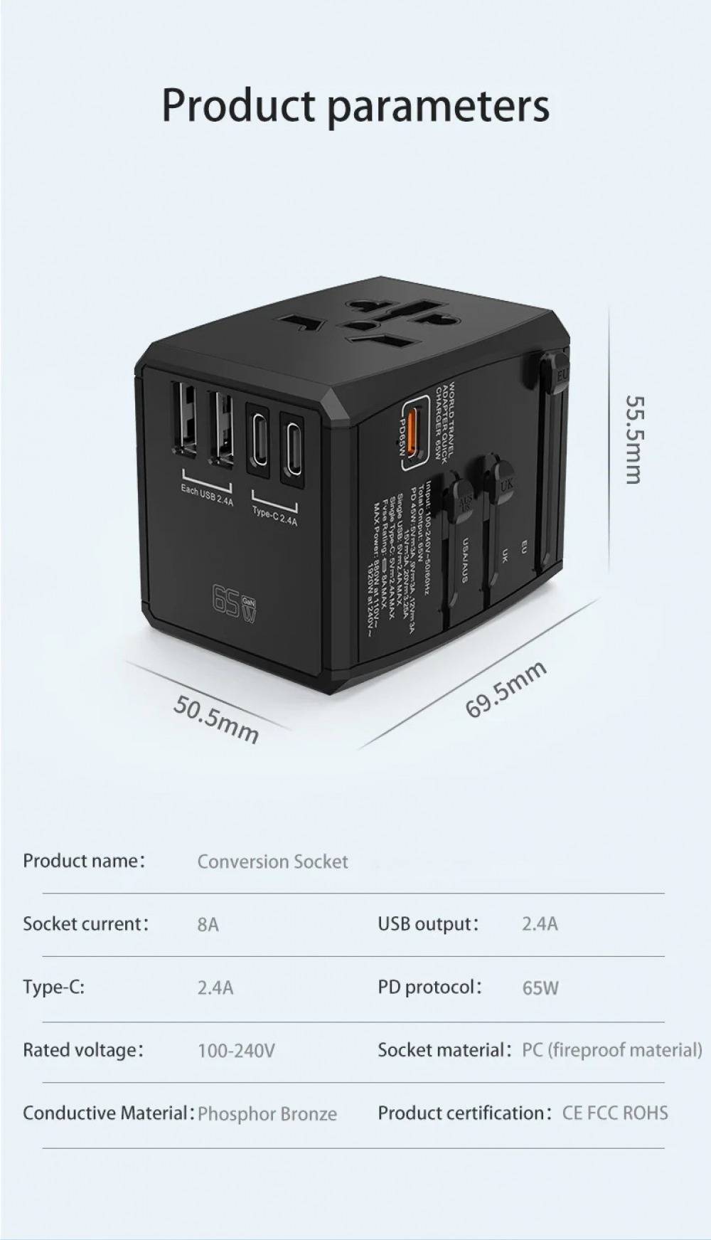 Universal GaN Travel Adapter PD Type-C 65W for MacBook laptop