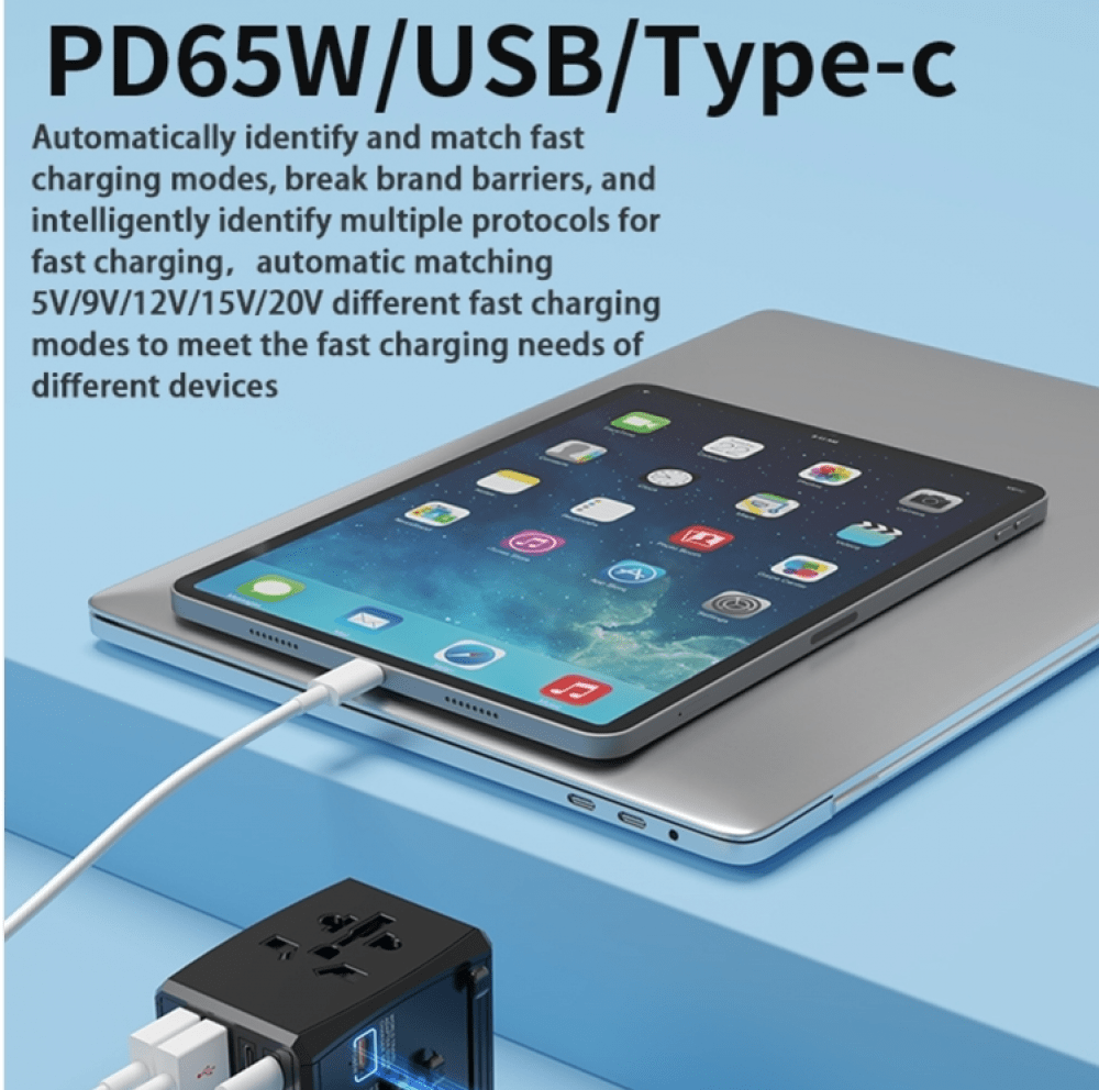 Universal GaN Travel Adapter PD Type-C 65W for MacBook laptop